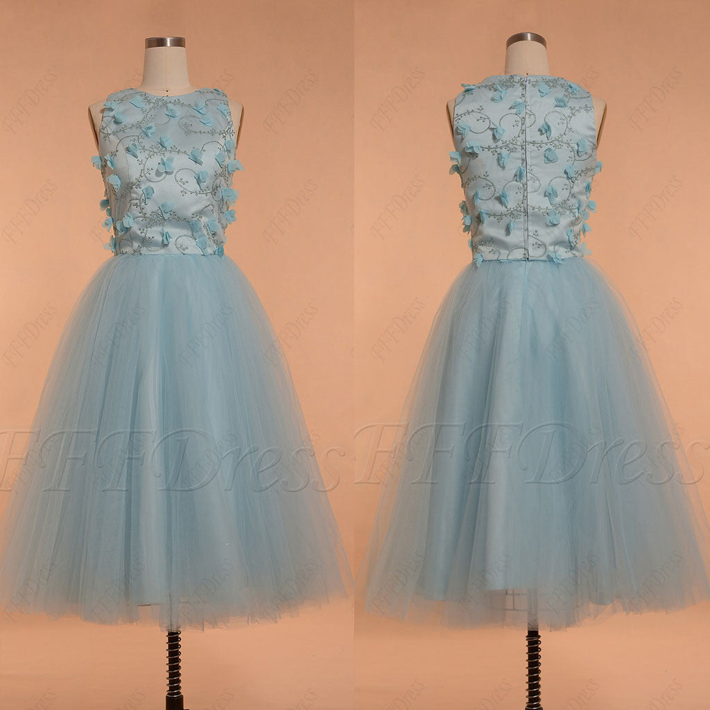 Light blue homecoming dresses with flowers and embroidery tea length prom dress