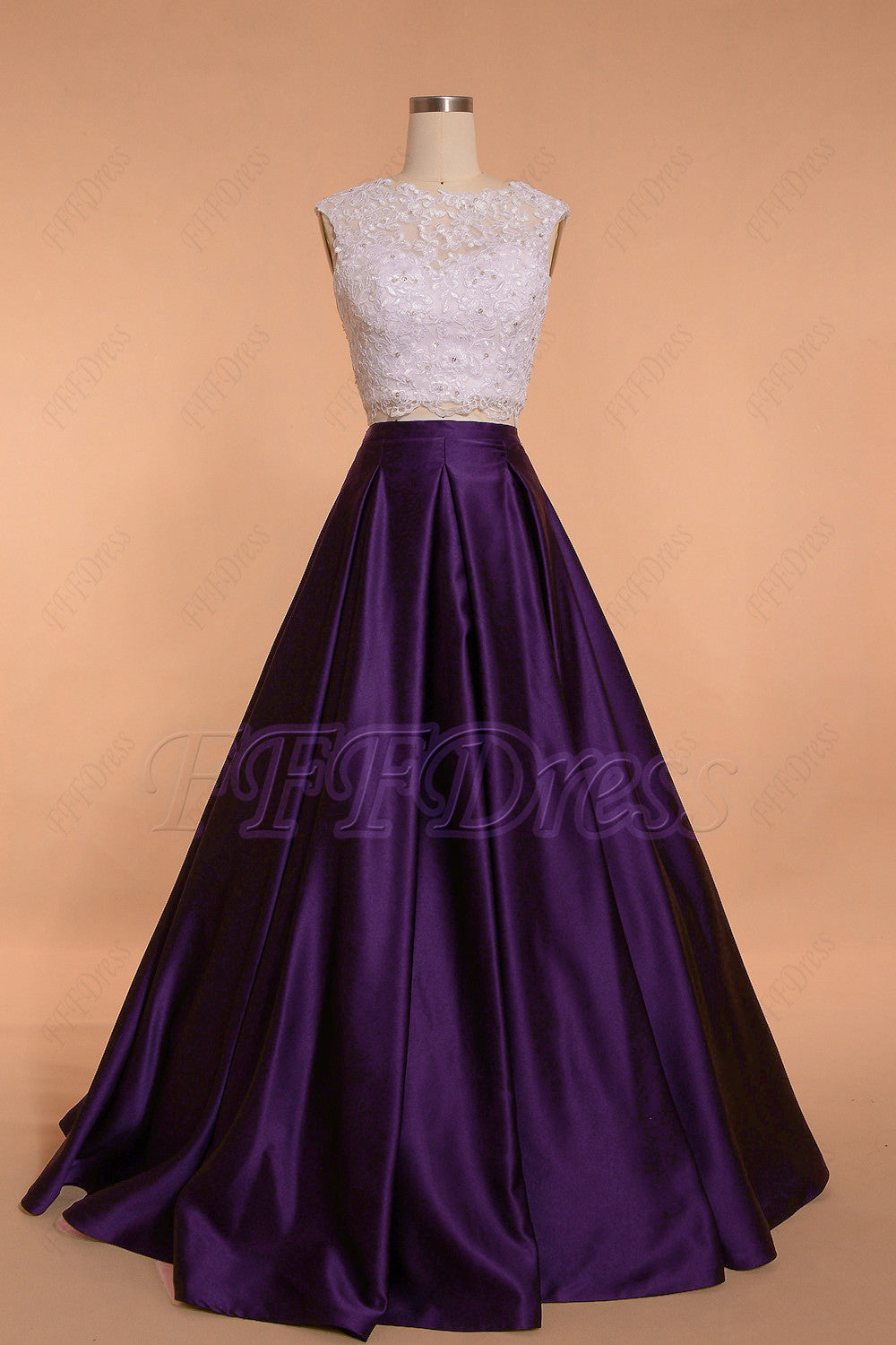 Dark purple two piece ball gown prom dresses long