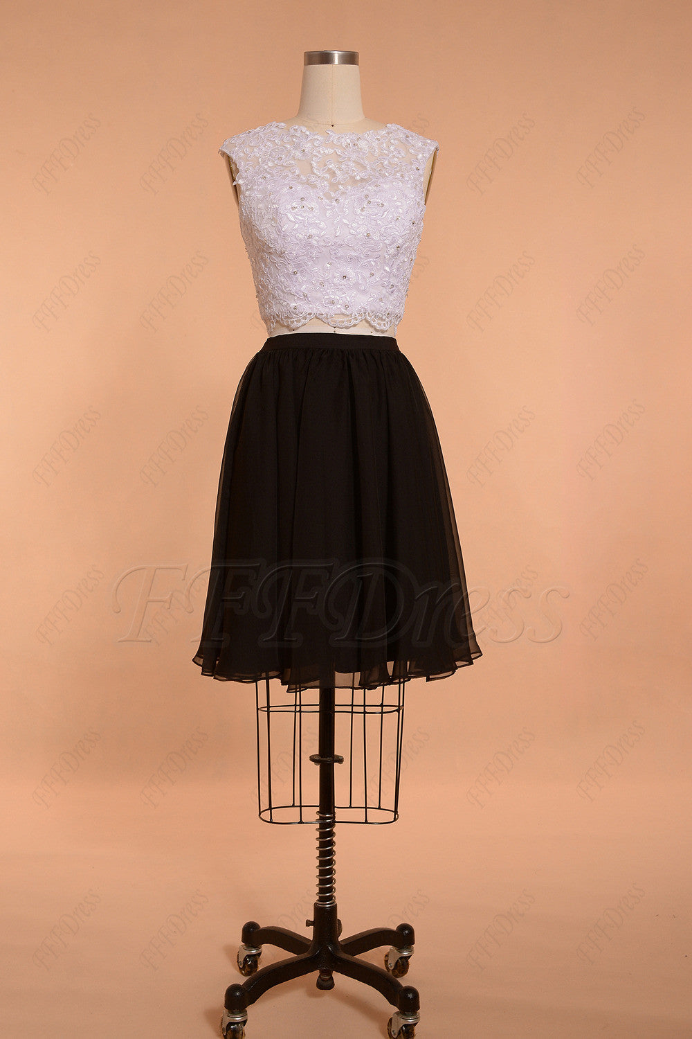 Two piece Black and white backless short prom dress