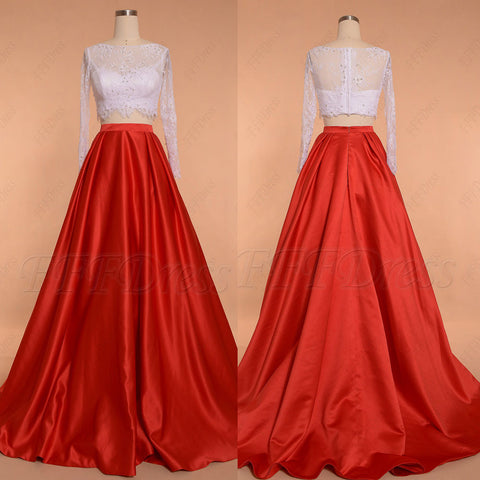 White red ball gown two piece prom dress long sleeves