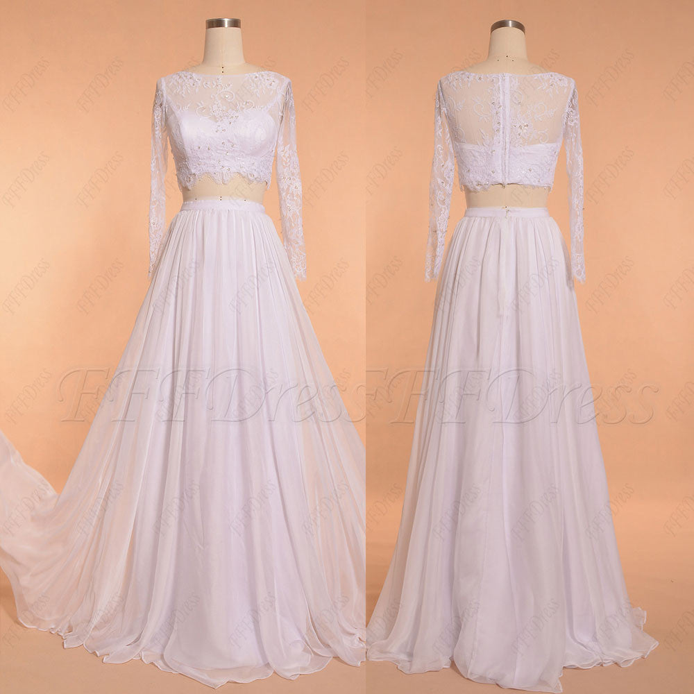 Two Piece Lace Chiffon Beach Wedding Dress Long Sleeves