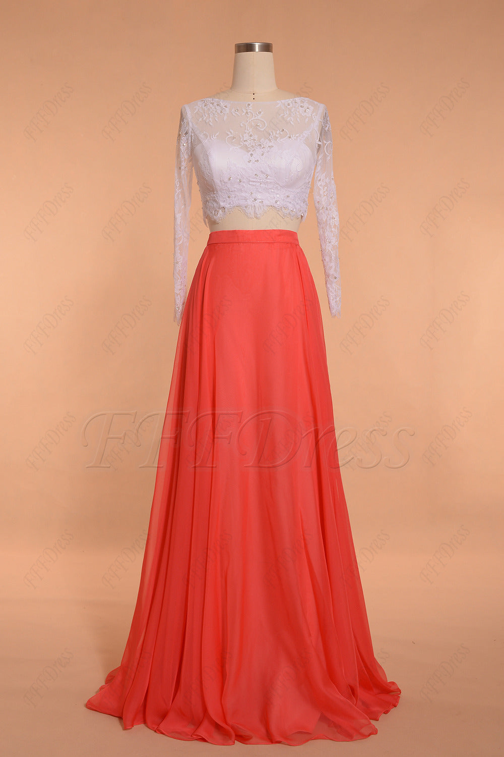 Coral white two piece bridesmaid dresses long sleeves