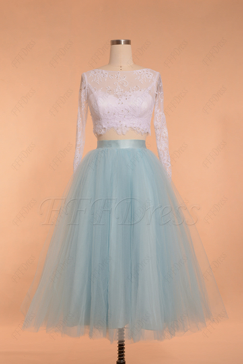 White and Light Blue Two Piece Prom Dresses Long Sleeves