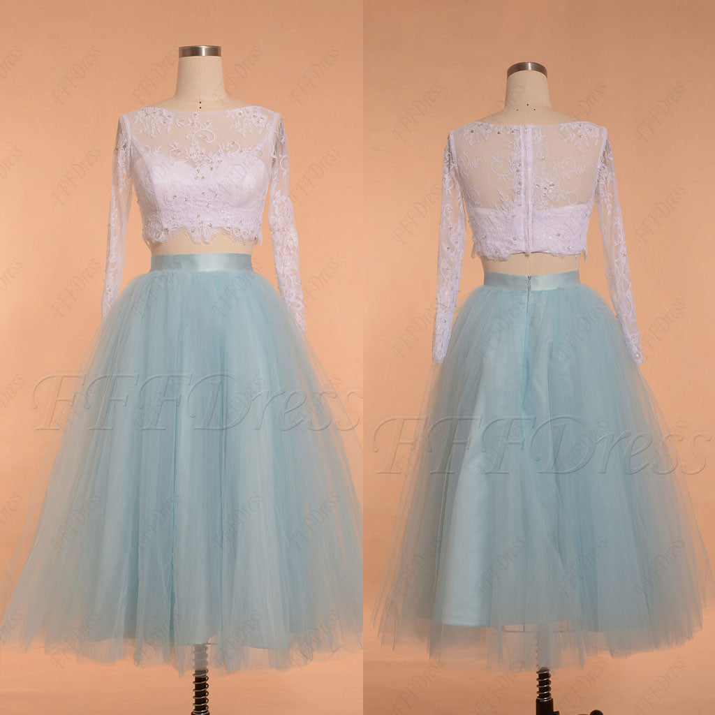 White and Light Blue Two Piece Prom Dresses Long Sleeves
