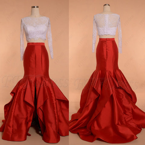 White Red Two Piece Prom Dresses Long Sleeves Mermaid