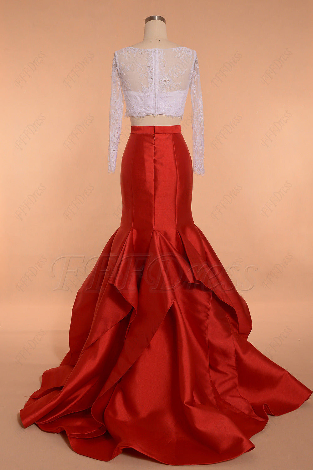 White Red Two Piece Prom Dresses Long Sleeves Mermaid