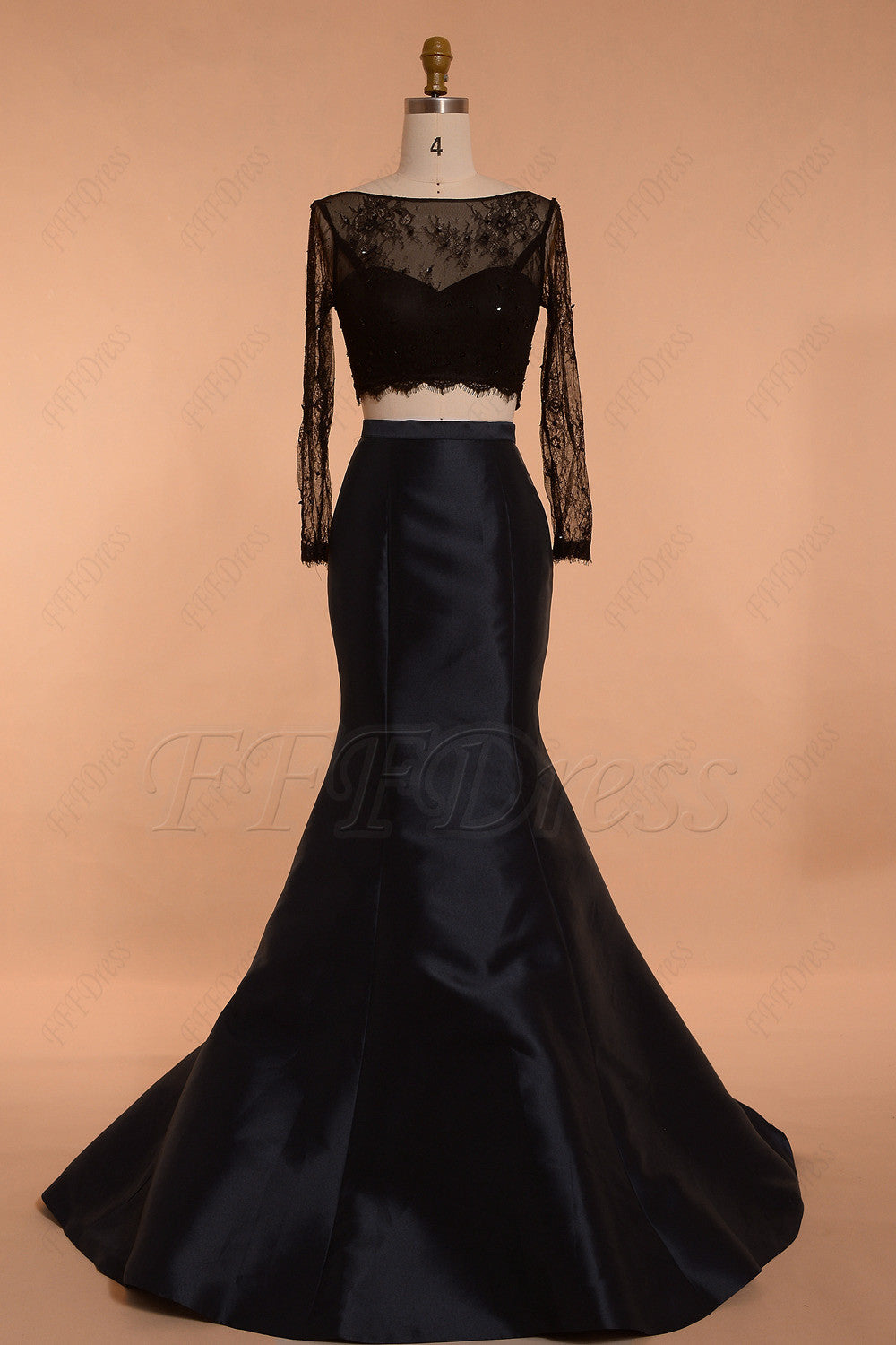 Mermaid Black Two Piece Prom Dresses Long Sleeves