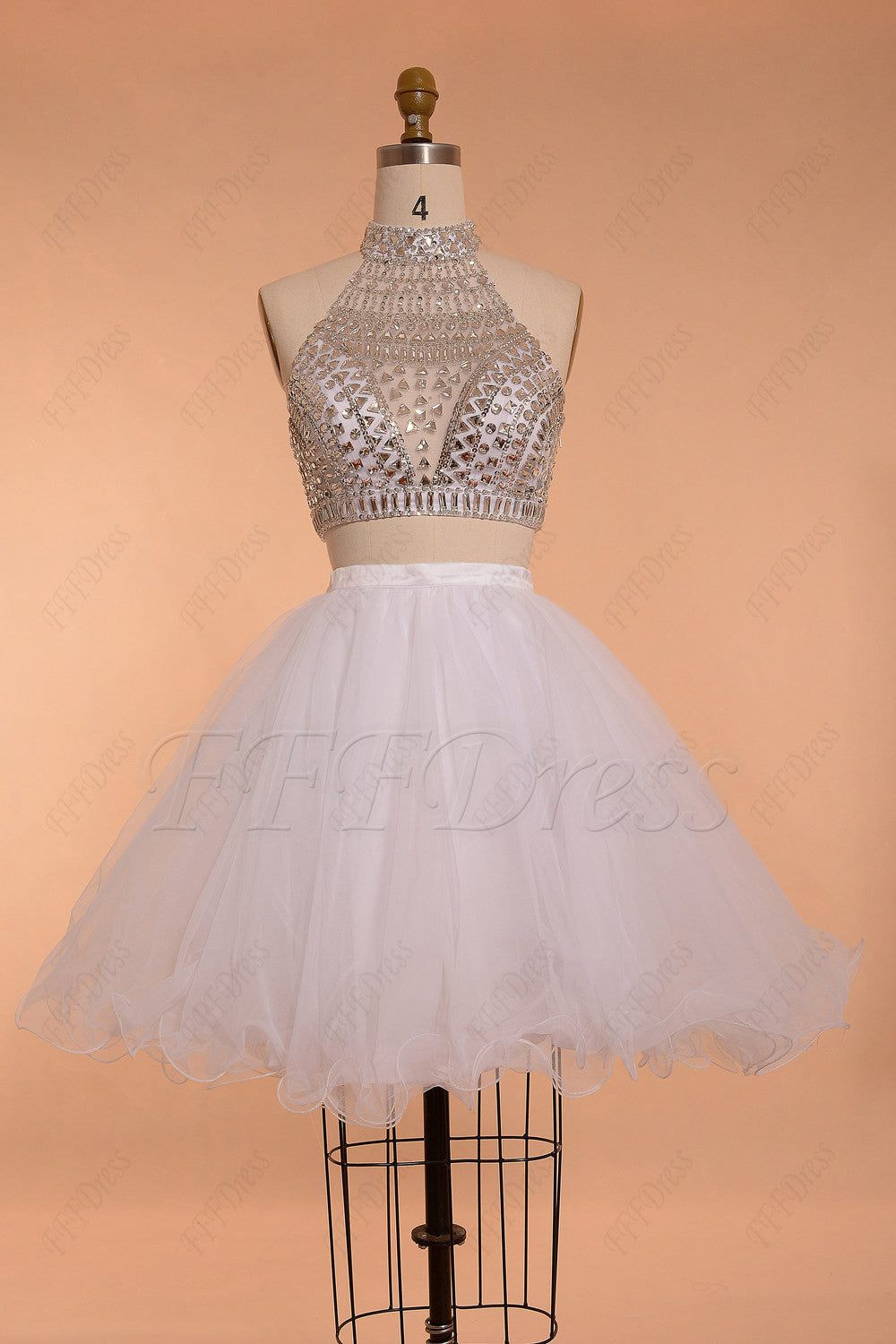 Crystals sparkly two piece prom dresses short ball gown white