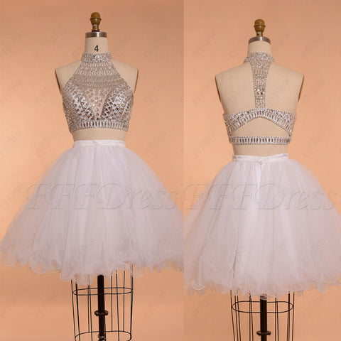 Crystals sparkly two piece prom dresses short ball gown white