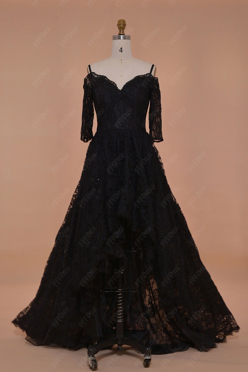 Black high low Sparkly prom dresses with sleeves off the shoulder