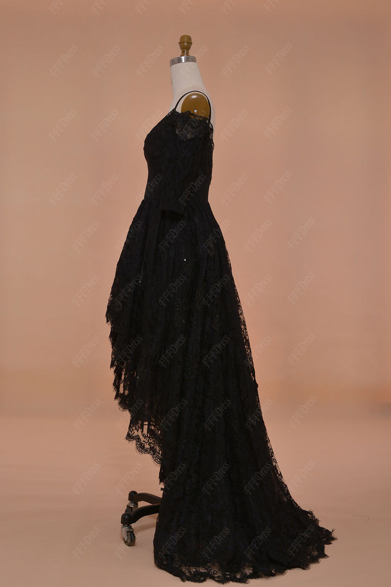 Black high low Sparkly prom dresses with sleeves off the shoulder