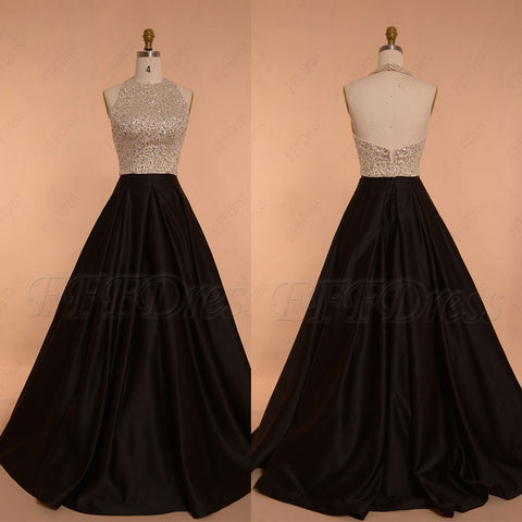 Halter backless beaded champagne black ball gown prom dresses