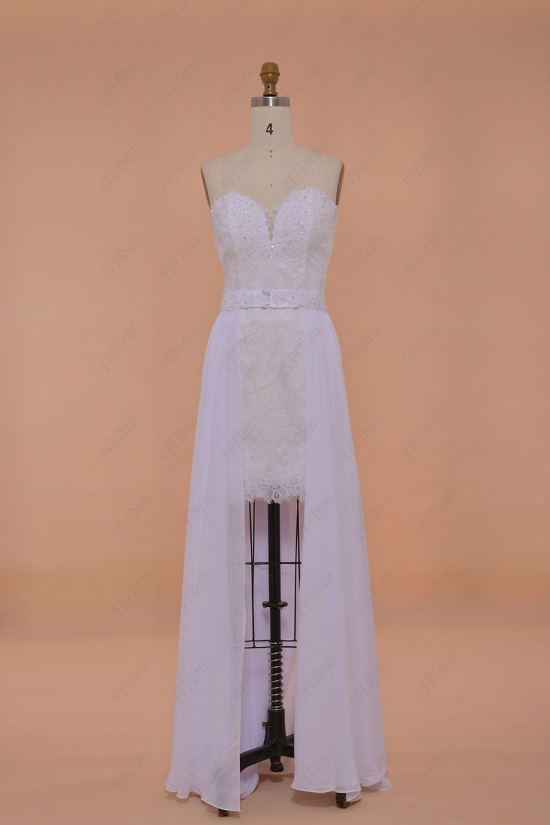 Lace Short Beach Wedding Dress with Long Chiffon Overlay
