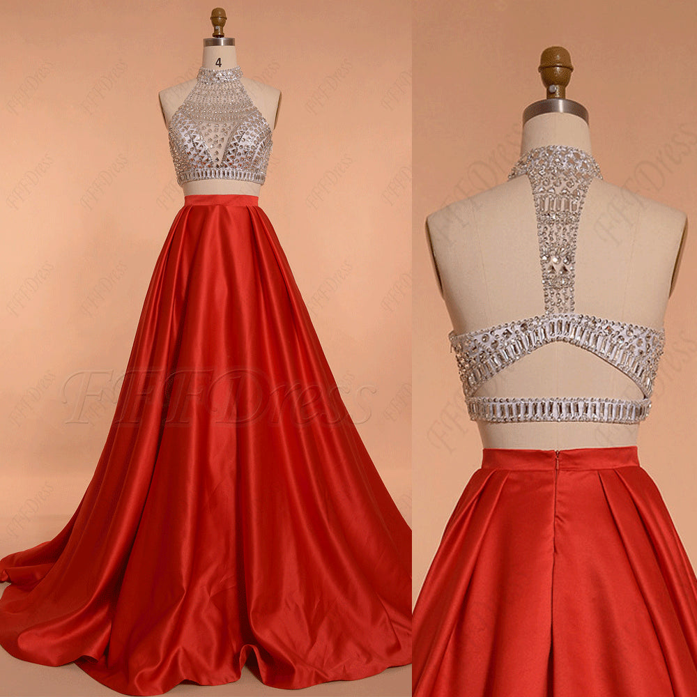 Red Ball gown two piece beaded prom dresses long