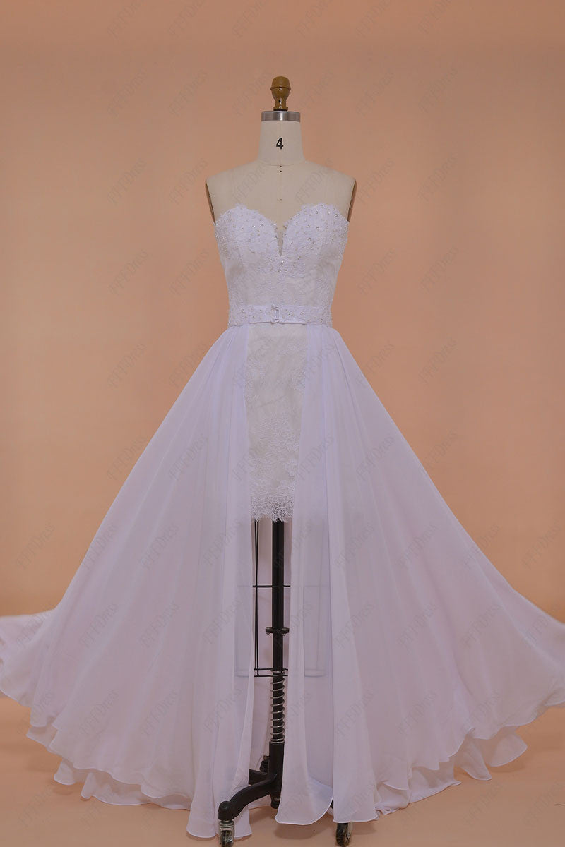 Lace Short Beach Wedding Dress with Long Chiffon Overlay