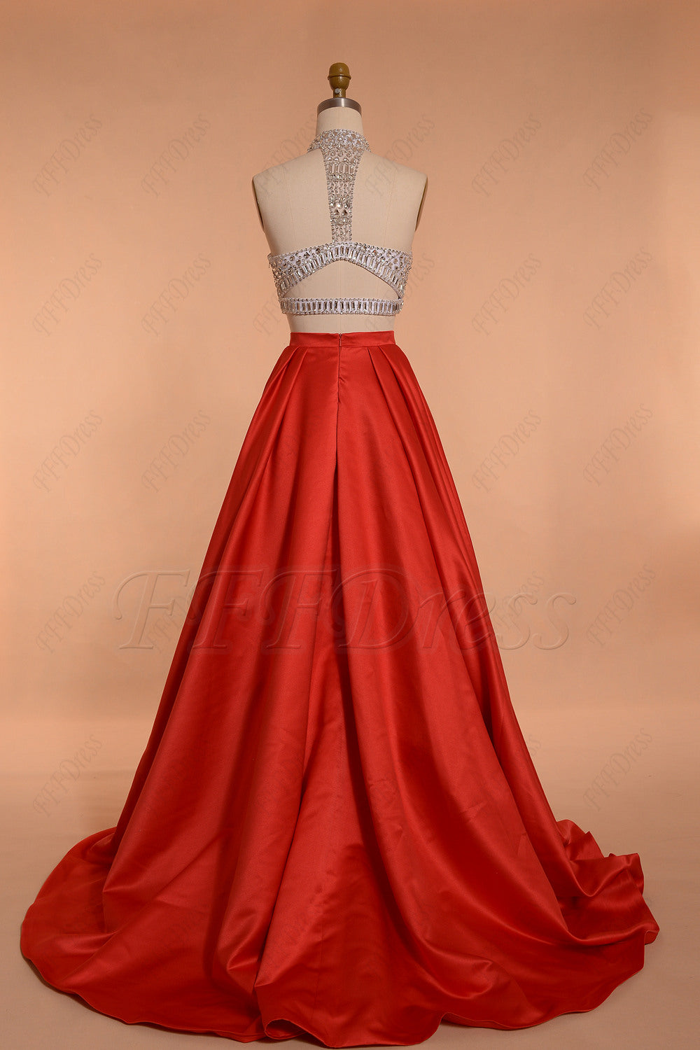 Red Ball gown two piece beaded prom dresses long