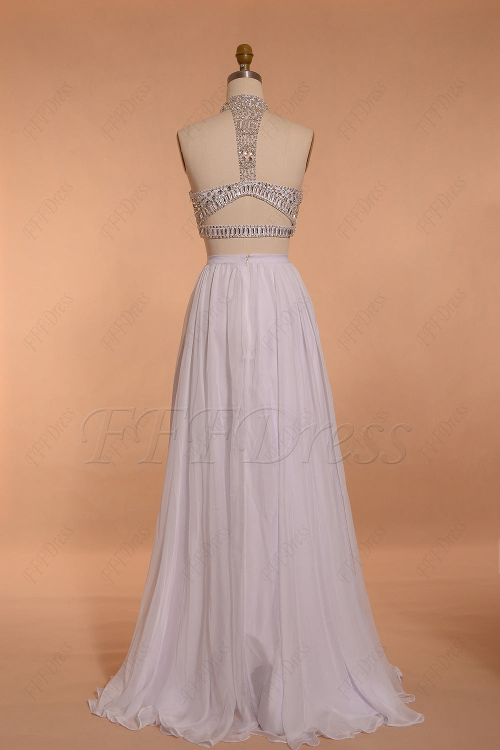 White crystals beaded two piece prom dresses long