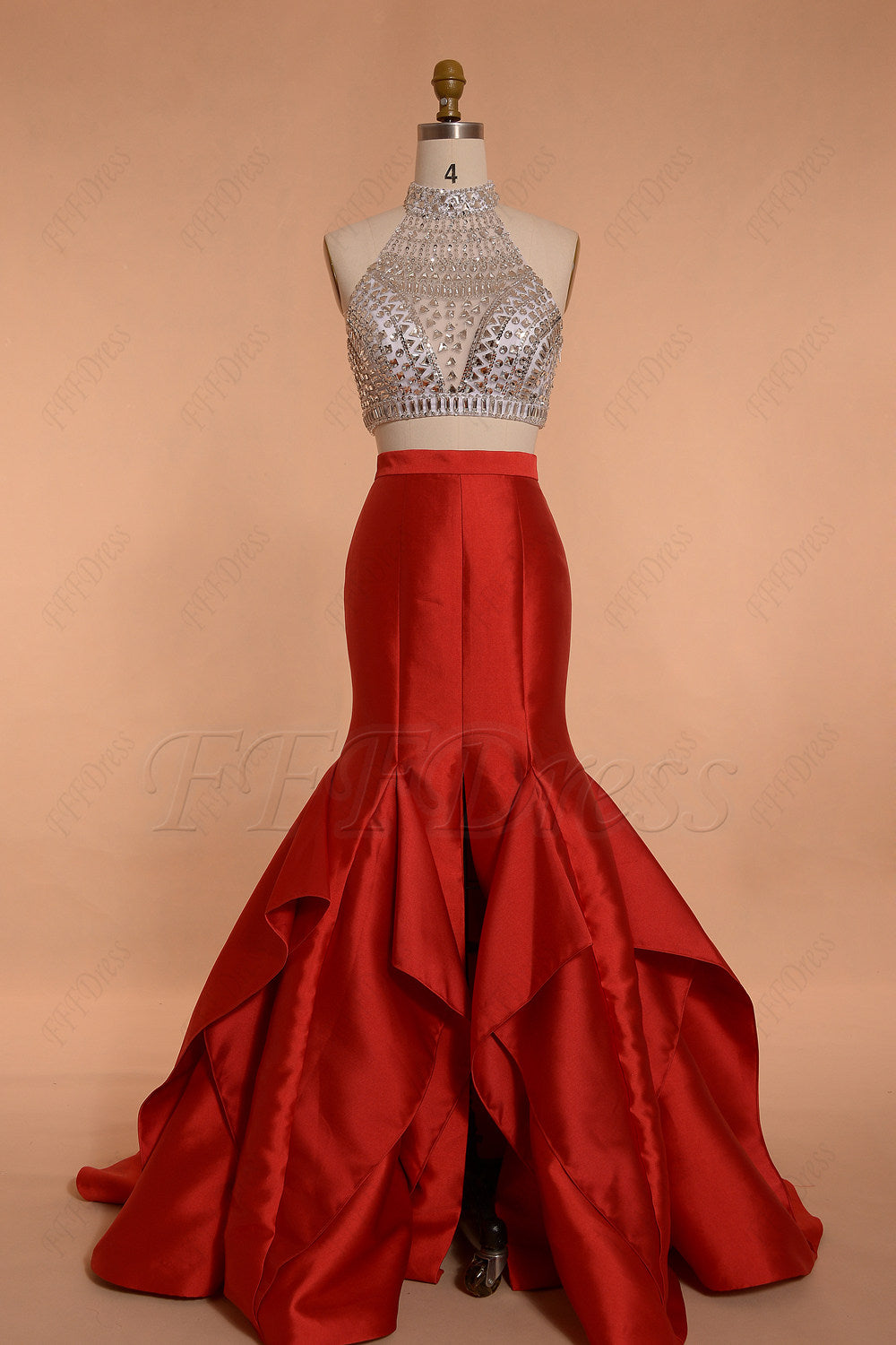 Crystal Beaded Red Two Piece Prom Dresses Long