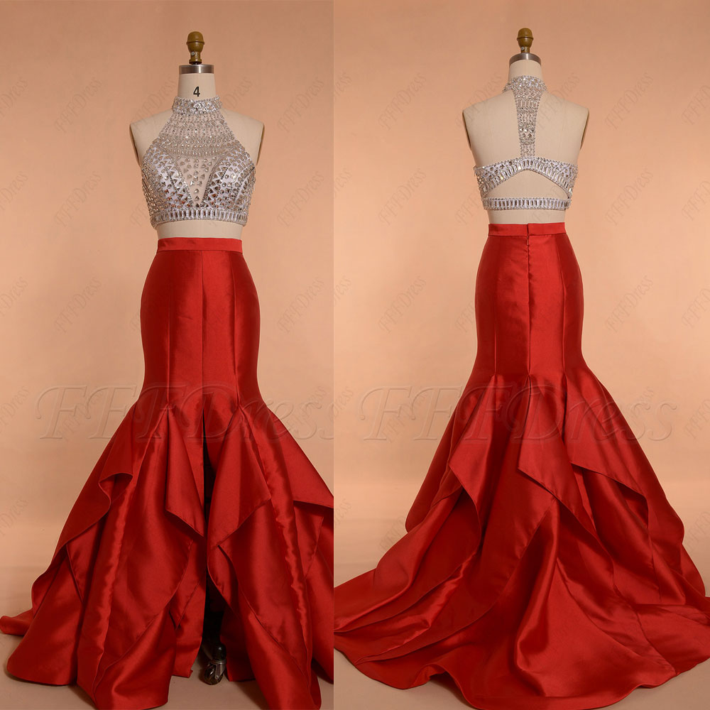 Crystal Beaded Red Two Piece Prom Dresses Long