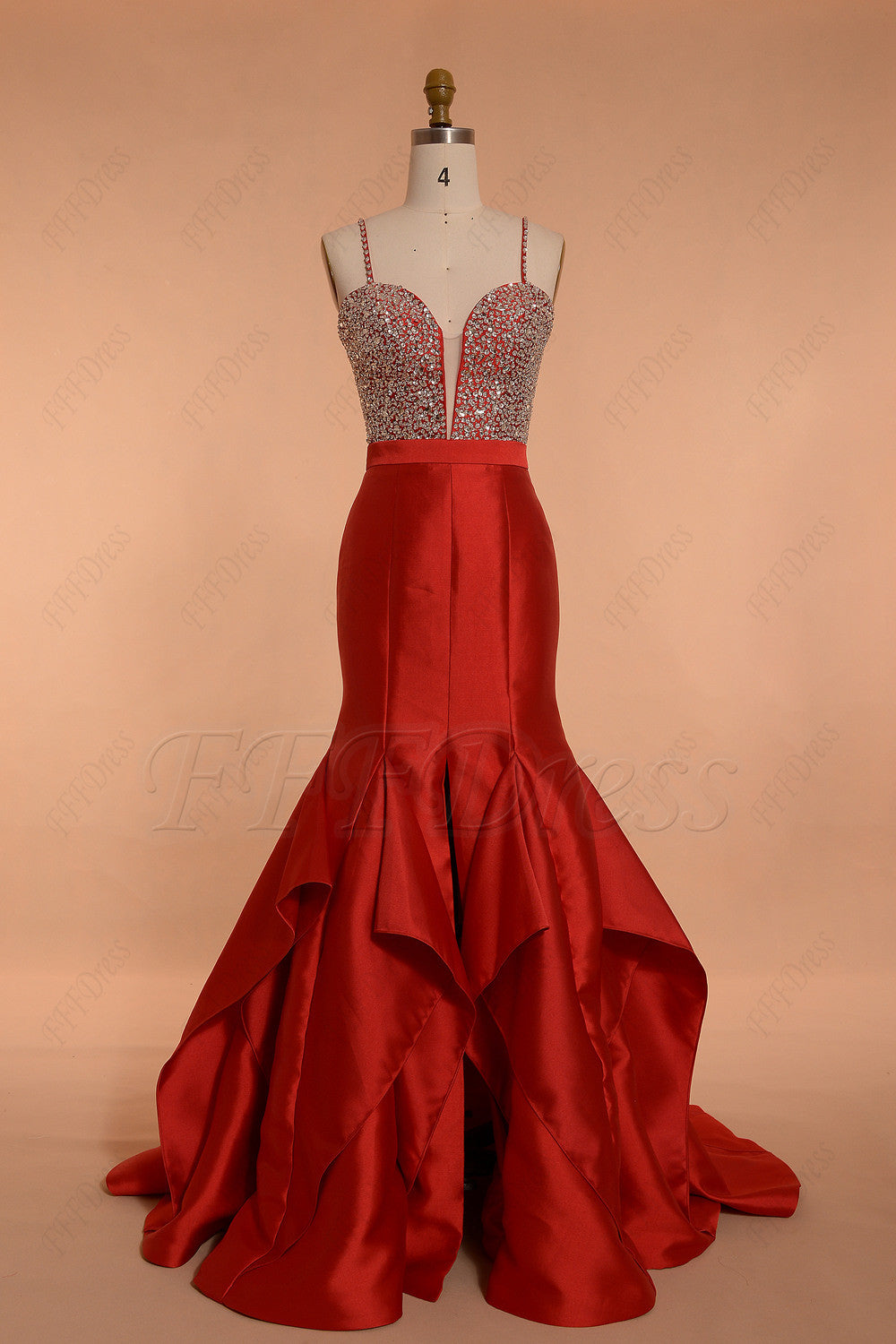 red crystals mermaid prom dresses with slit