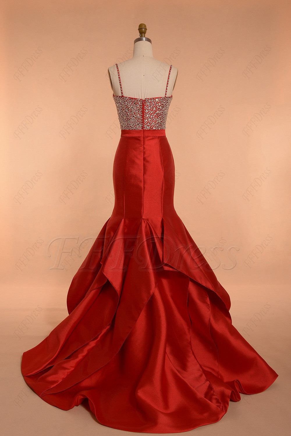 red crystals mermaid prom dresses with slit