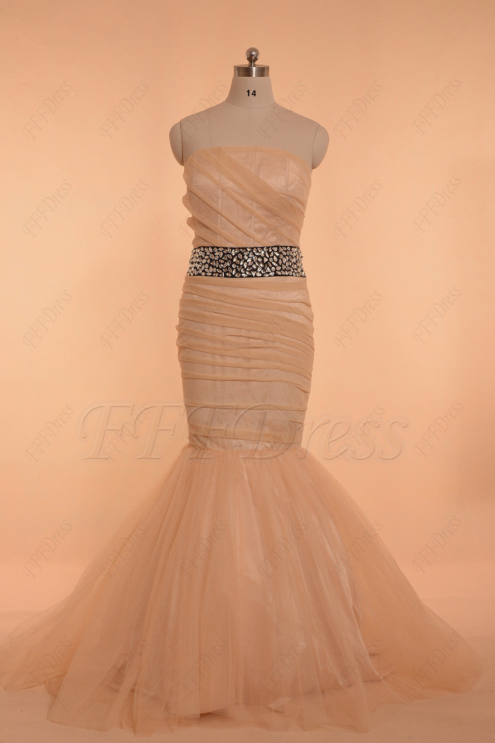Mermaid champagne prom dresses with crystal sparkly waist