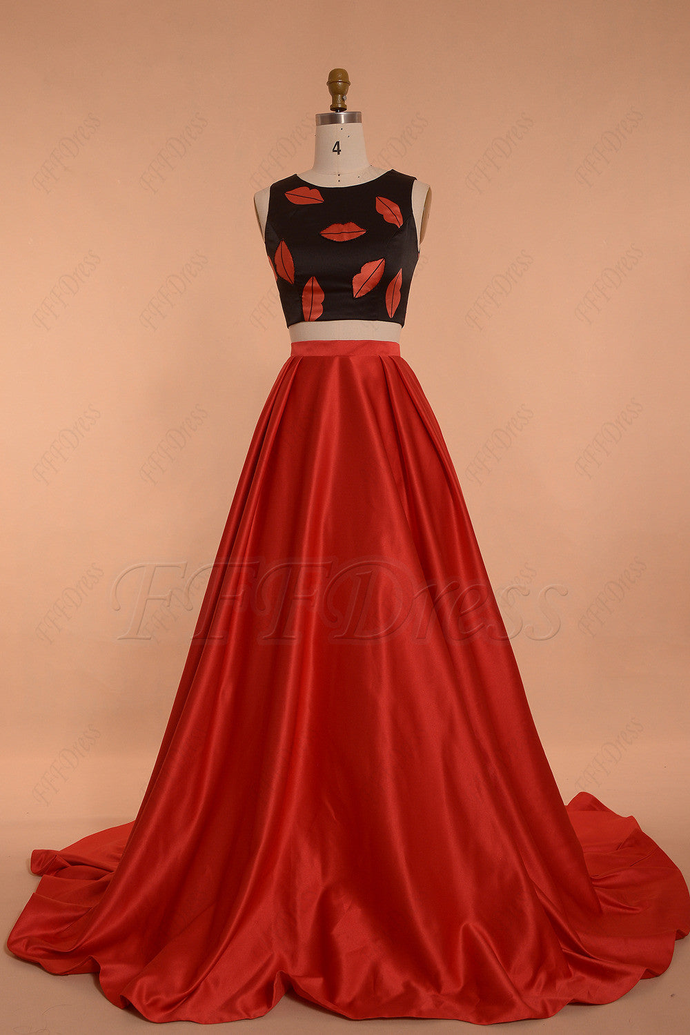 Lips print red two piece prom dresses long