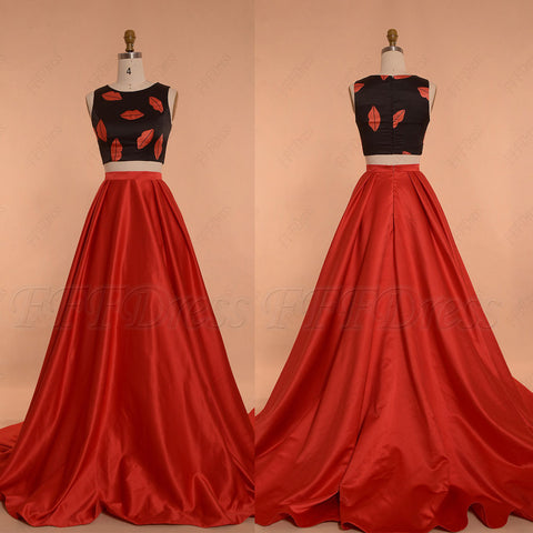 Lips print red two piece prom dresses long