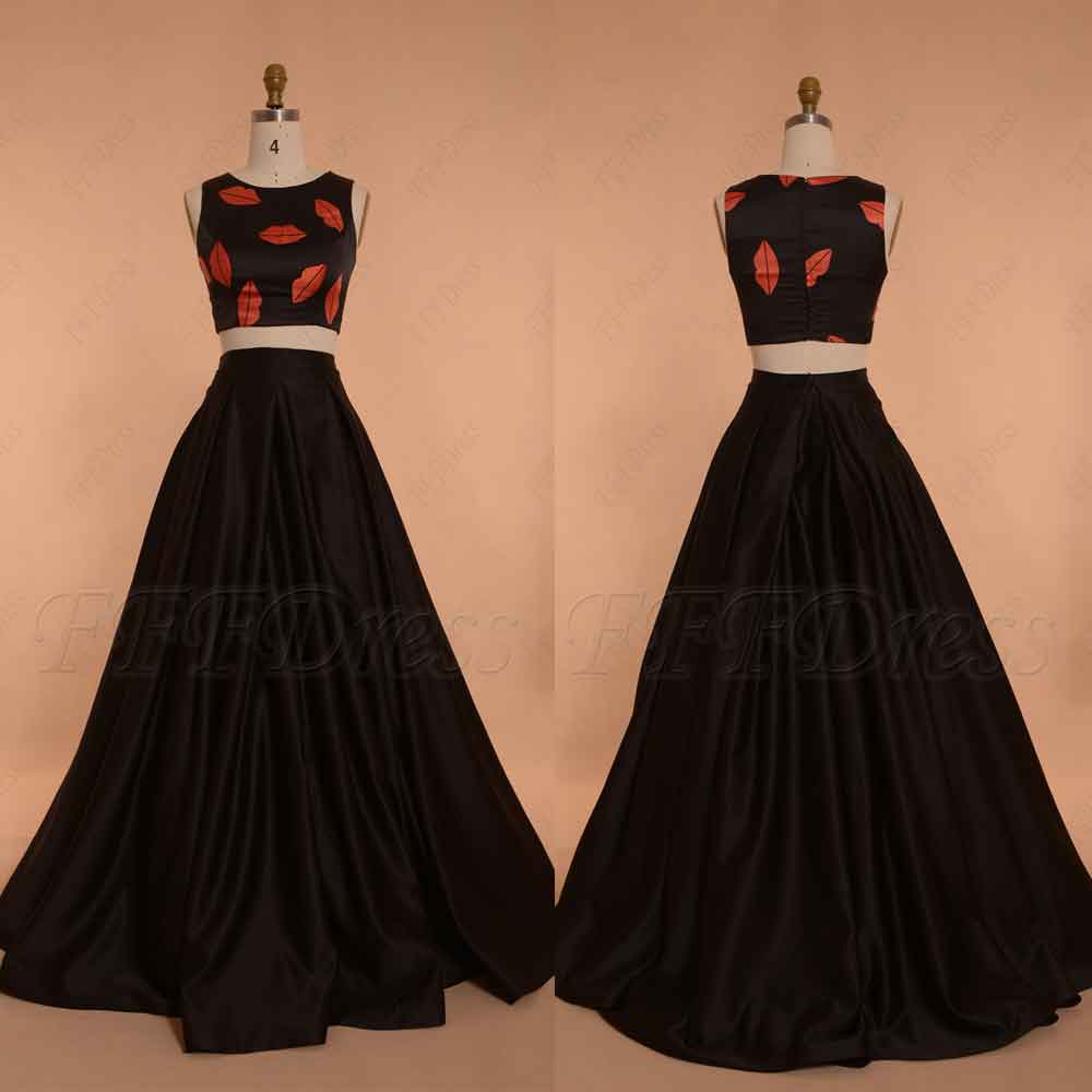 Print Two Piece Ball Gown Black Prom Dress Long