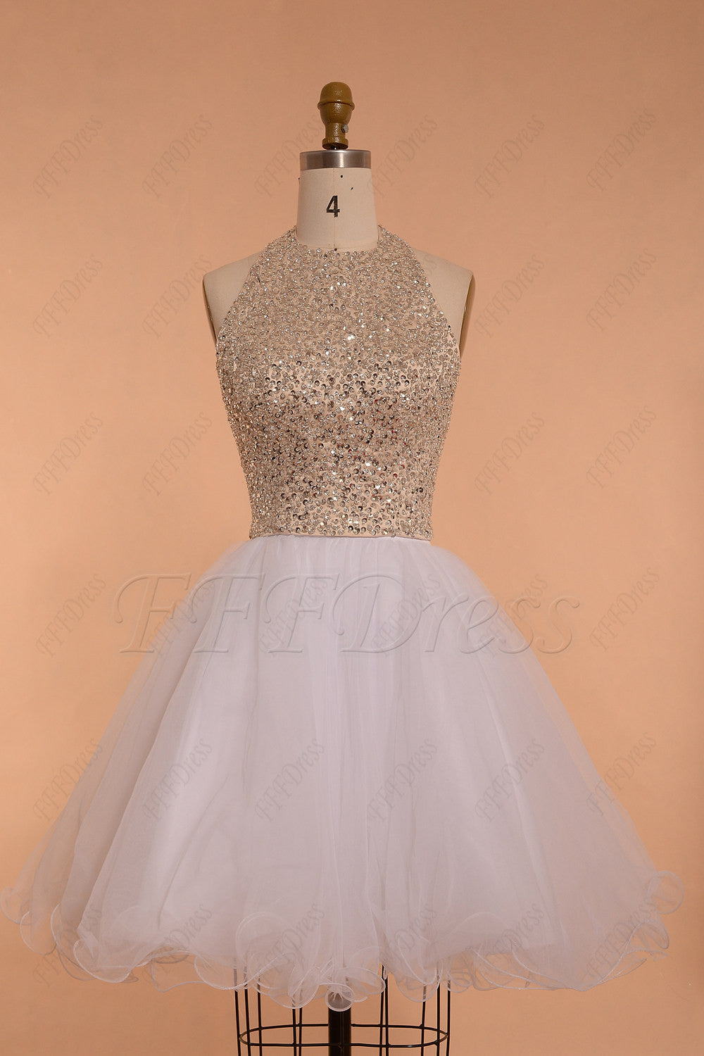 Halter backless beaded crystal white short prom dress homecoming dresses