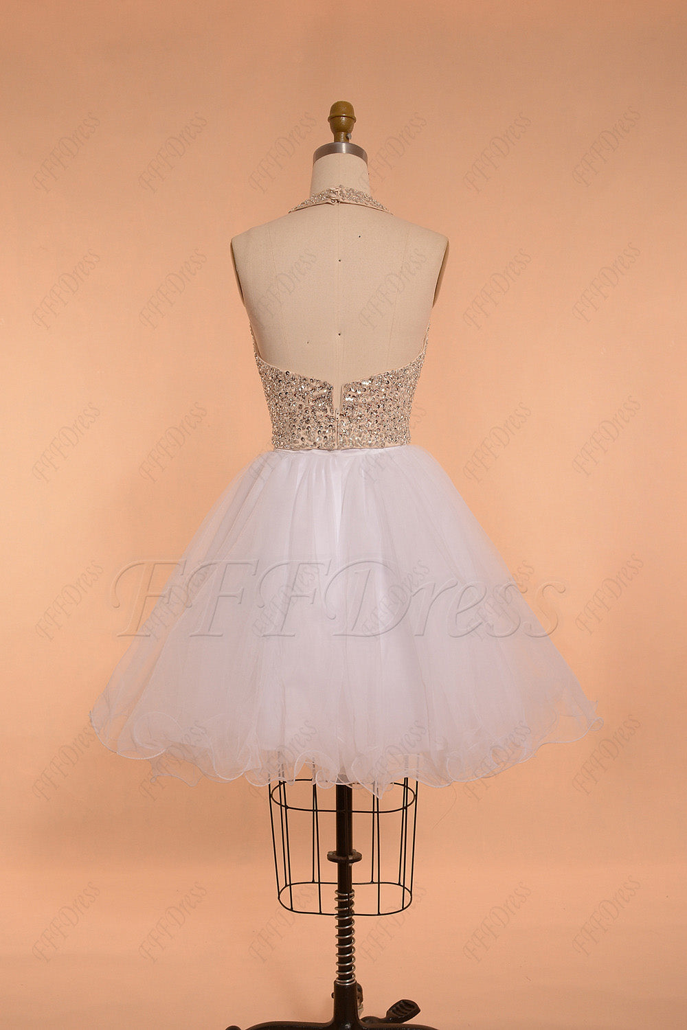 Halter backless beaded crystal white short prom dress homecoming dresses