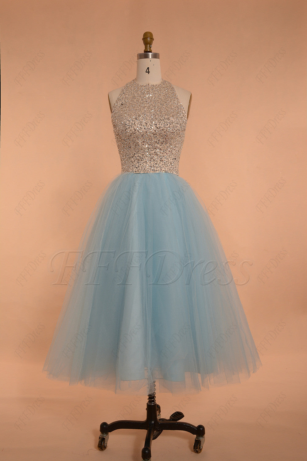 Light blue beaded halter prom dress tea length