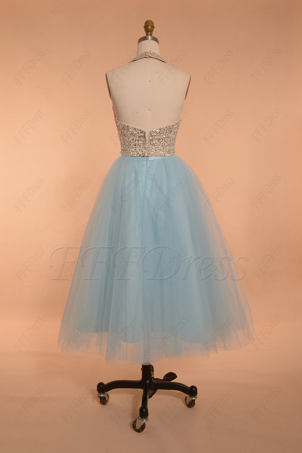 Light blue beaded halter prom dress tea length