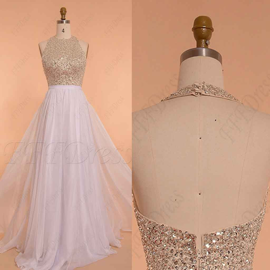Beaded halter white prom dresses long