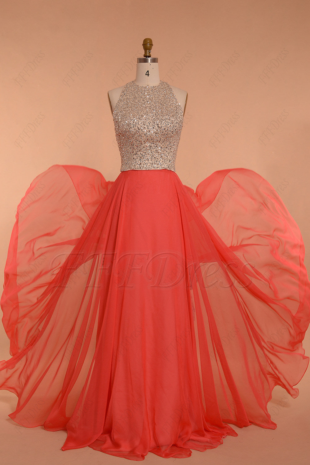Halter Beaded Coral Prom Dresses long