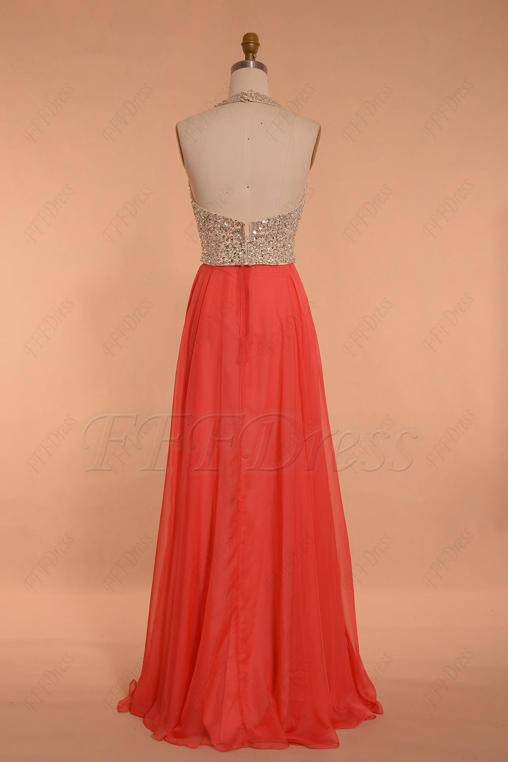 Halter Beaded Coral Prom Dresses long