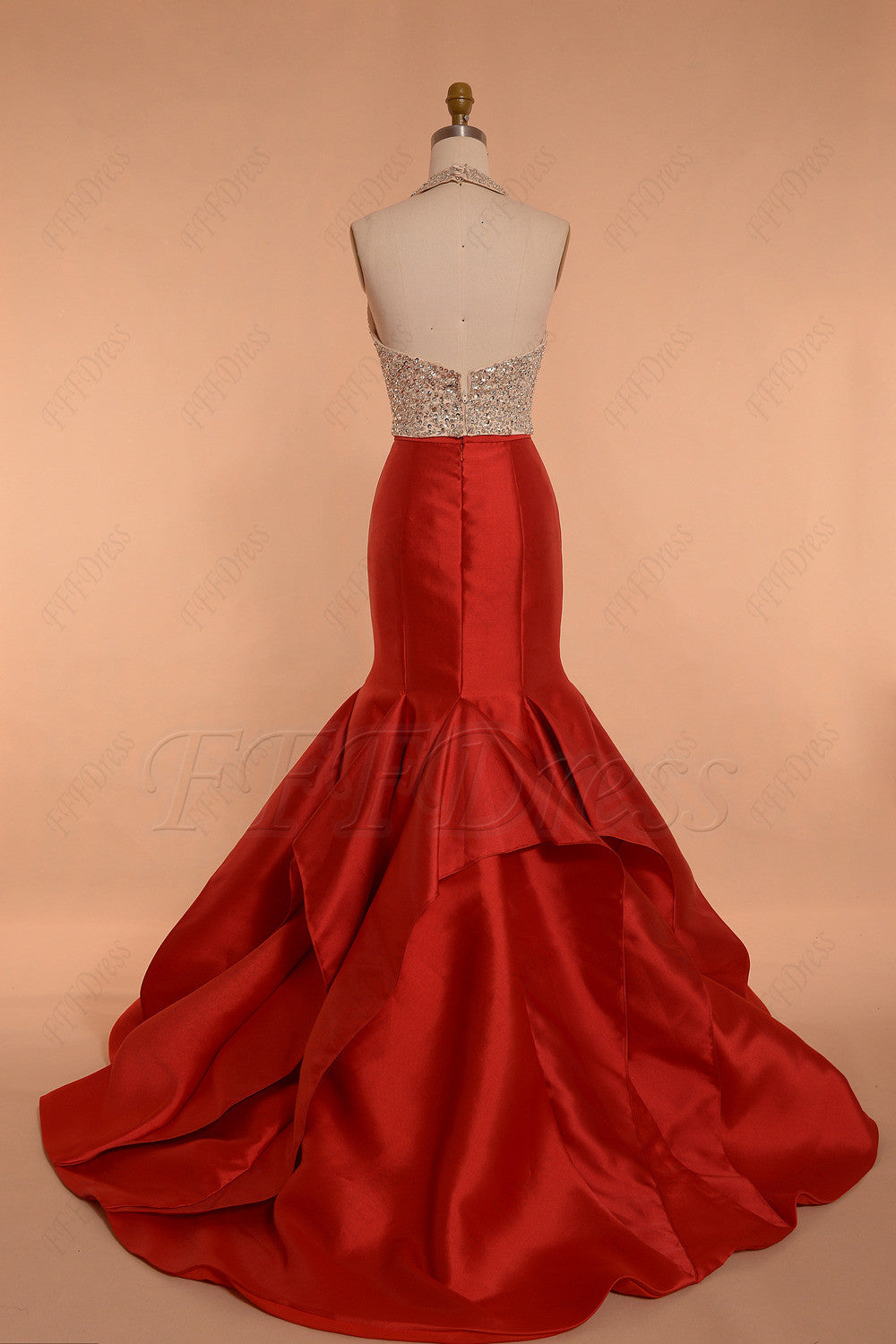 Halter Beaded Backless Red Mermaid Prom Dress