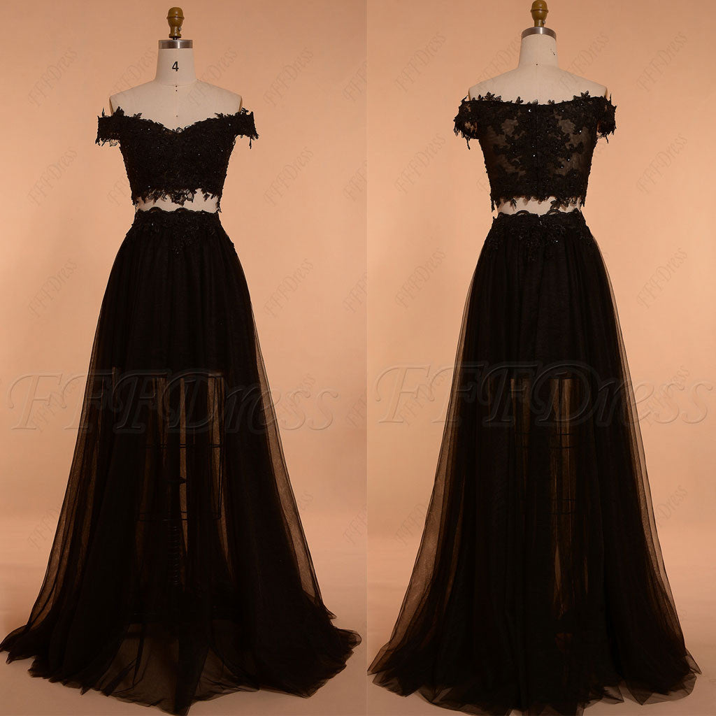 Black off the shoulder two piece prom dresses