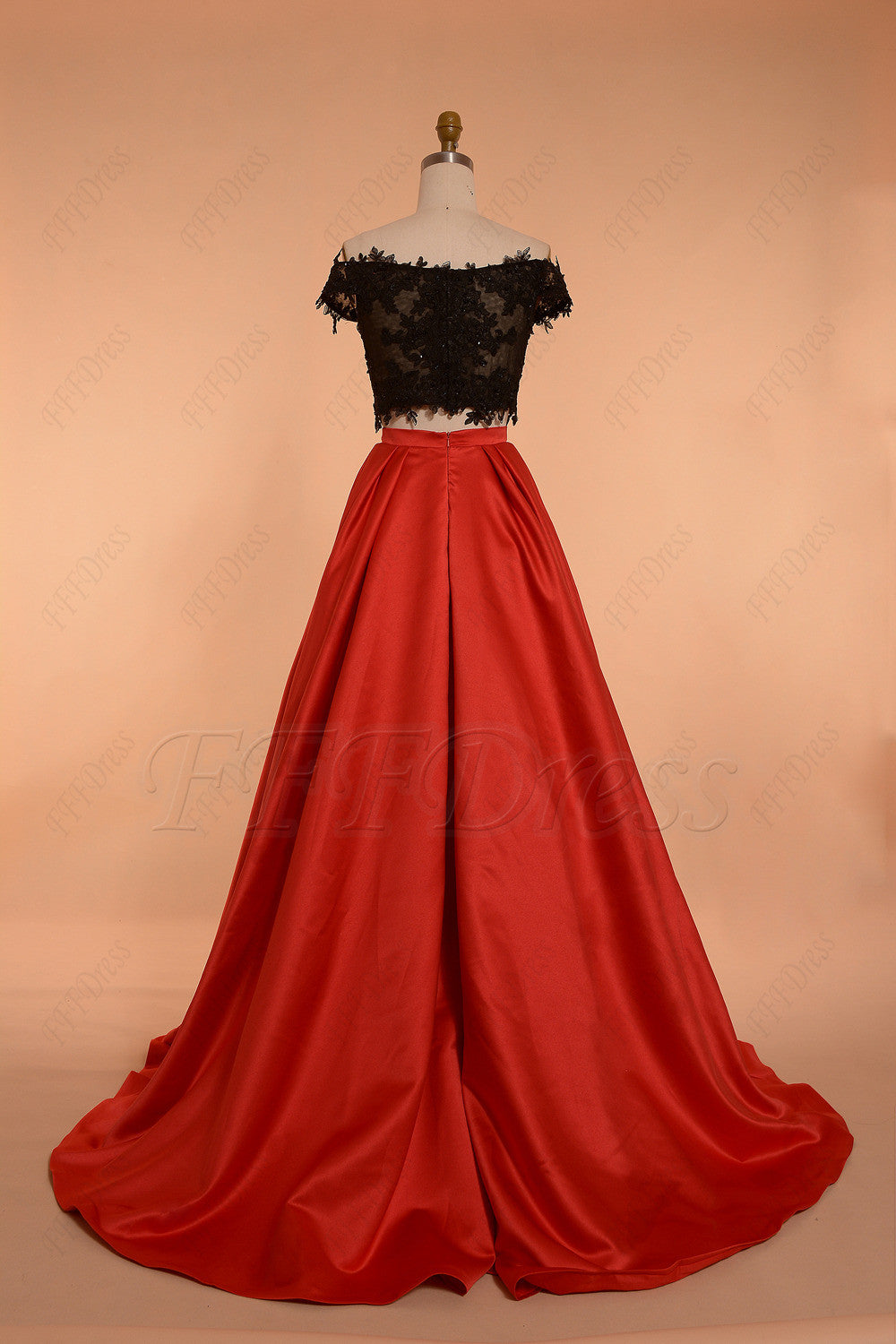 Off the shoulder Two Piece Prom Dress Ball Gown Red Black