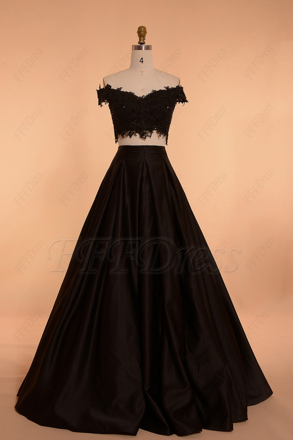 Off the shoulder Black Ball Gown Two Piece Prom Dress Long