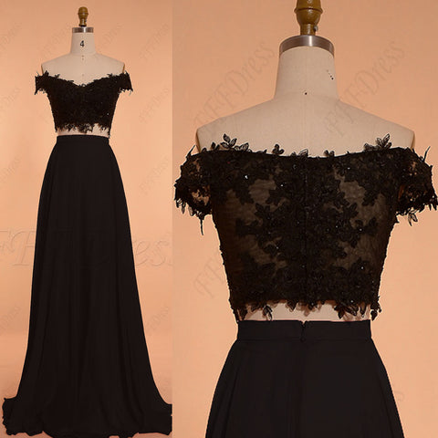 Off the shoulder black two piece long prom dresses