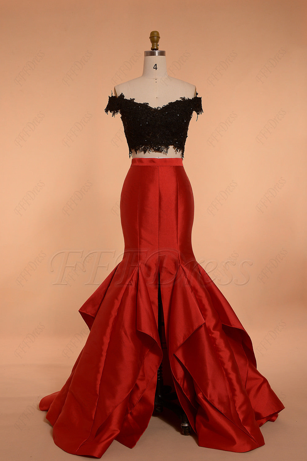 Red Black two piece mermaid prom dress long