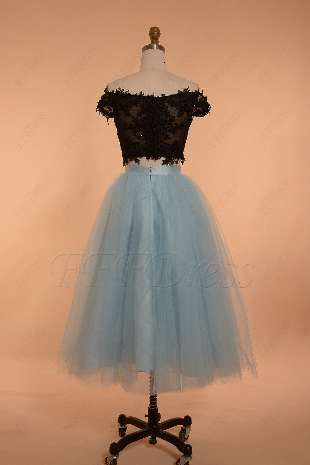 Black light blue two piece prom dresses tea length