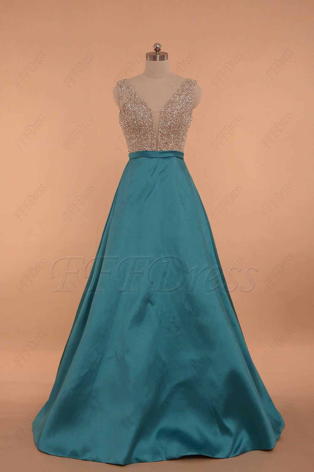V Neck Crystals Beaded Aqua blue prom dresses long