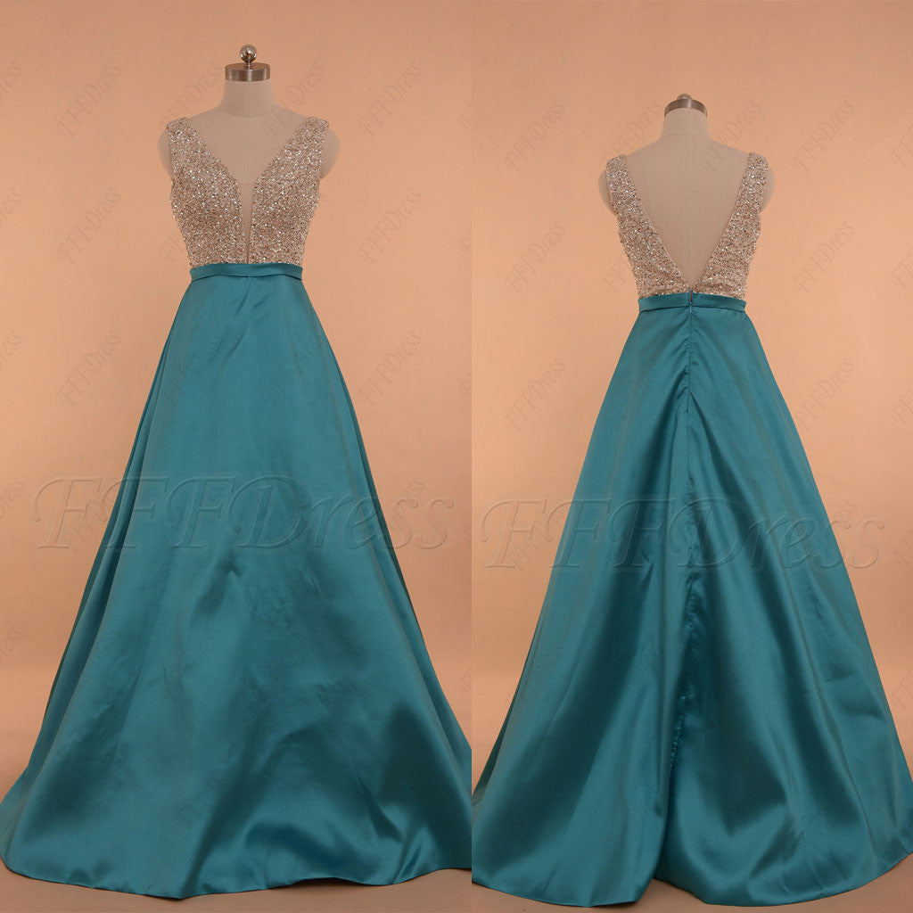 V Neck Crystals Beaded Aqua blue prom dresses long