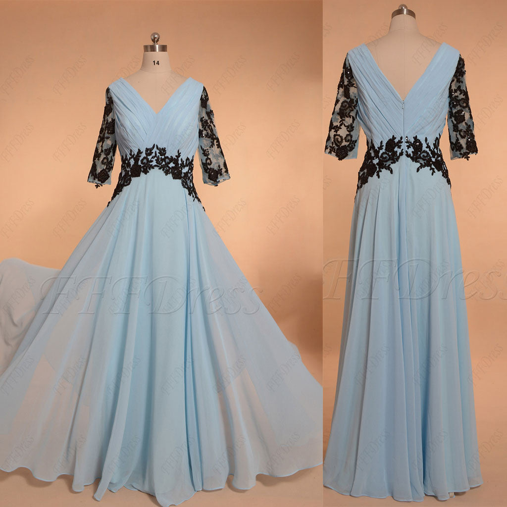 Light blue long prom dresses with sleeves
