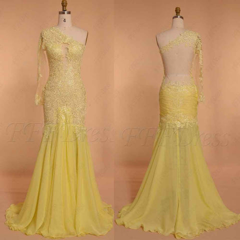 Backless Yellow Mermaid Prom Dresses long sleeve