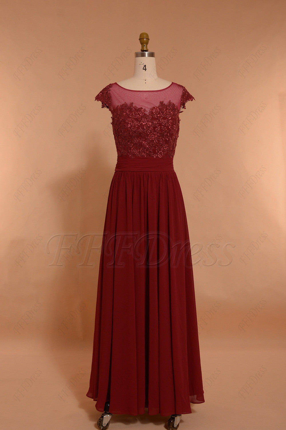 Burgundy Long Prom Dresses Cap Sleeves