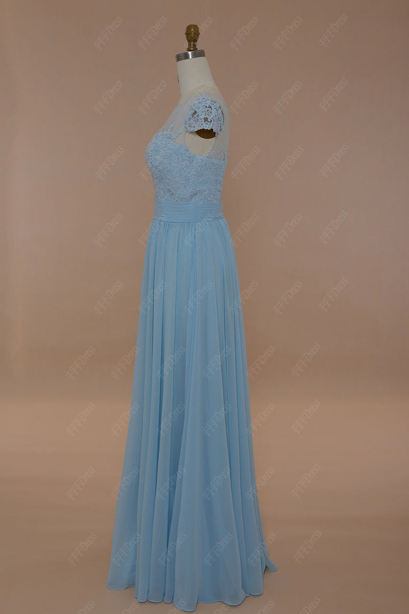 Ice blue lace modest prom dresses long with cap sleeves