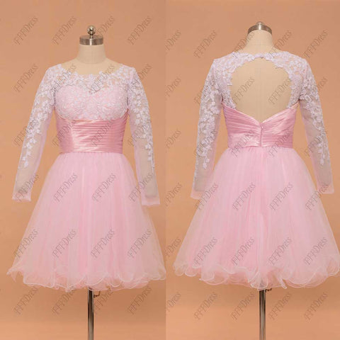 Backless Pink white short prom dresses long sleeves